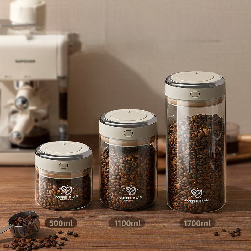 Food Storage Glass Jar - 500/1100/1700ml Coffee Beans Vacuum Sealed Tank